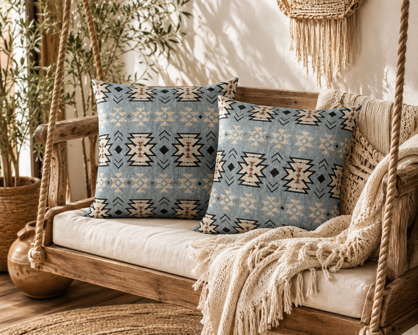 Two pale blue Southwestern woven pillows on a cream sofa with a knitted throw