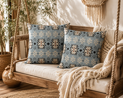 Two pale blue Southwestern woven pillows on a cream sofa with a knitted throw