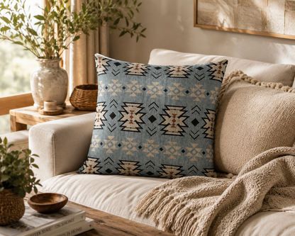 Pale blue Southwestern woven pillow on a cream sofa with plants and a macrame wall hanging