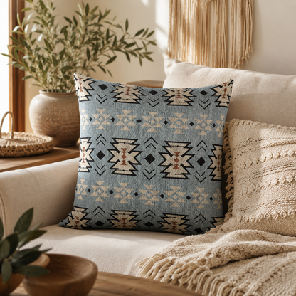 Pale blue Southwestern woven pillow on a cream bench with olive branches and a plant