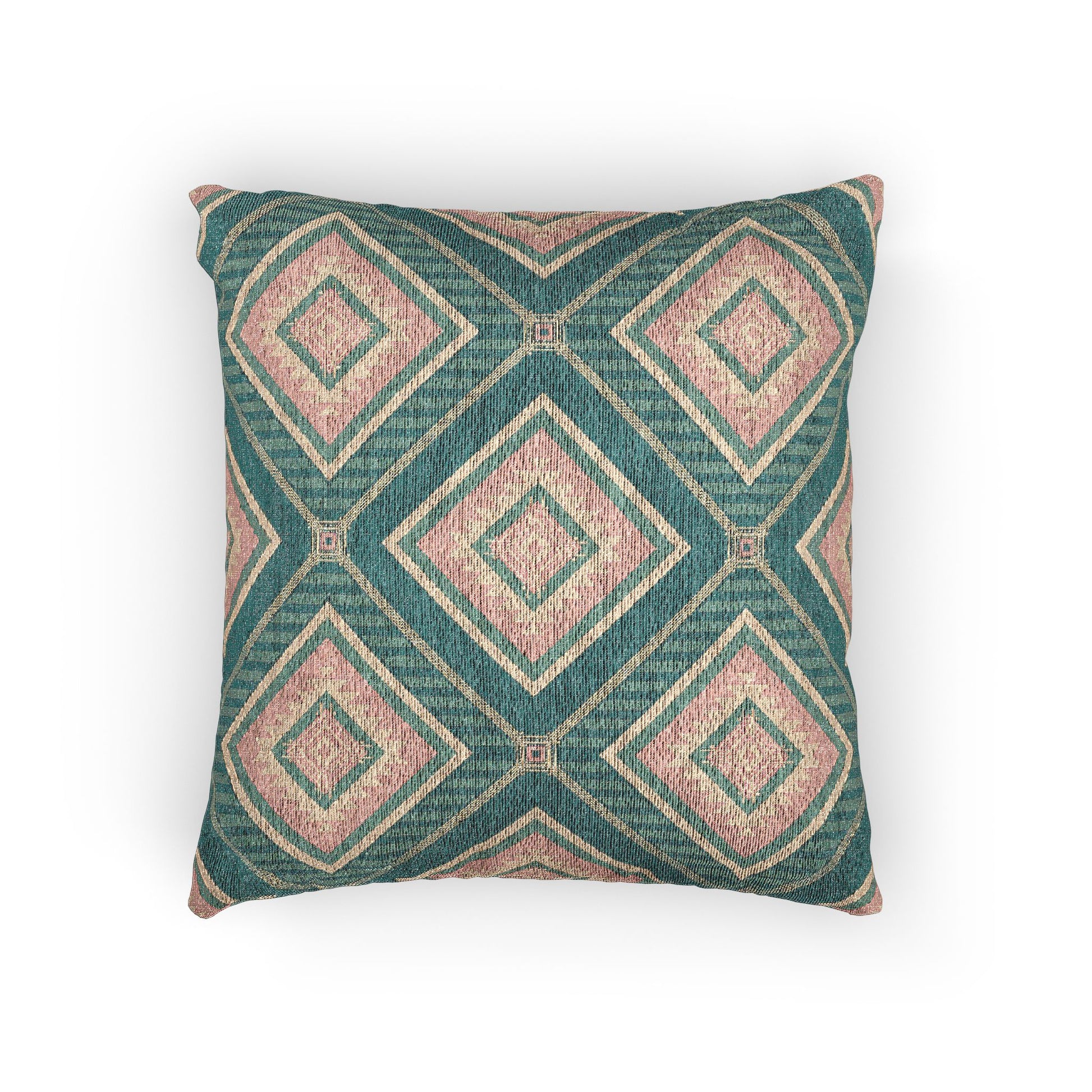 Southwestern woven pillow in teal, dusty rose and cream with concentric diamonds, front view