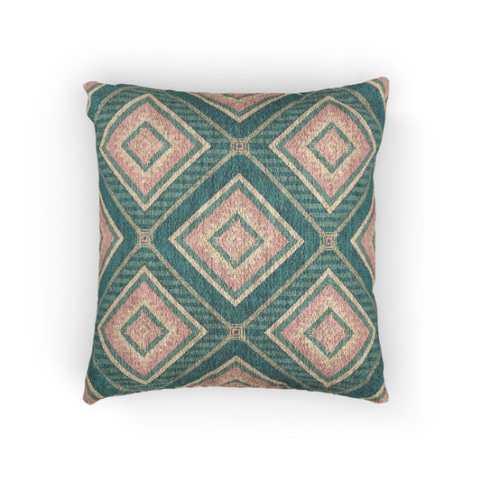 Southwestern woven pillow in teal, dusty rose and cream with concentric diamonds, front view