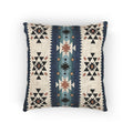 Southwestern woven pillow in navy and teal with Aztec diamond motifs, front view