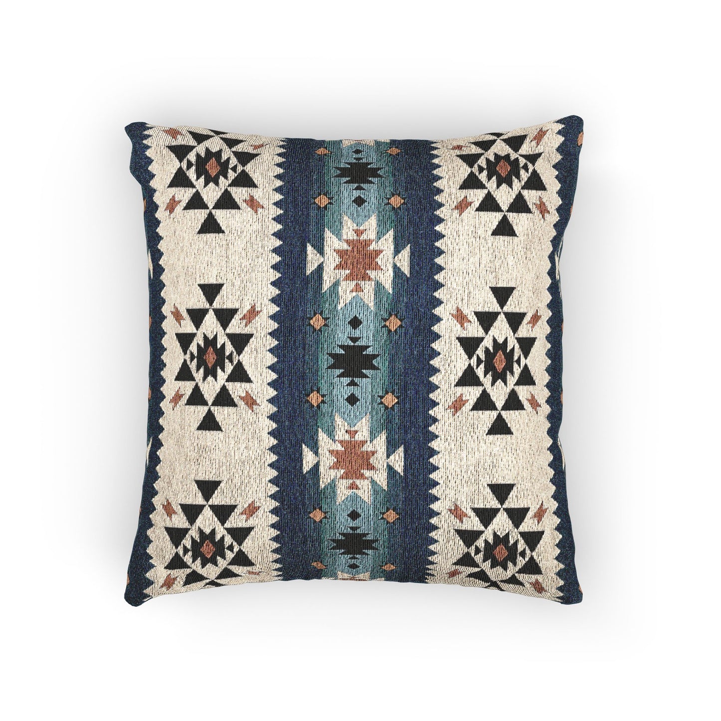 Southwestern woven pillow in navy and teal with Aztec diamond motifs, front view