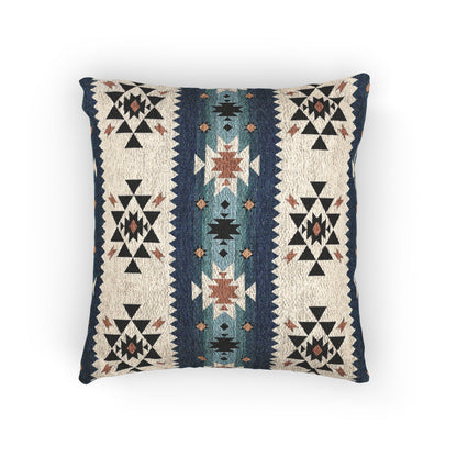 Southwestern woven pillow in navy and teal with Aztec diamond motifs, front view
