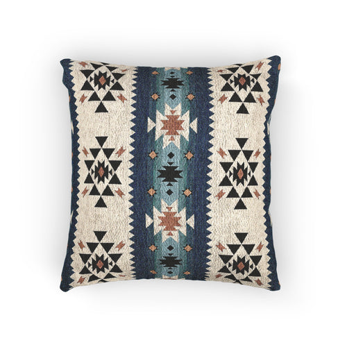 Southwestern woven pillow in navy and teal with Aztec diamond motifs, front view