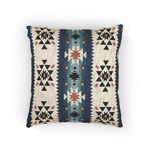 Southwestern woven pillow in navy and teal with Aztec diamond motifs, front view