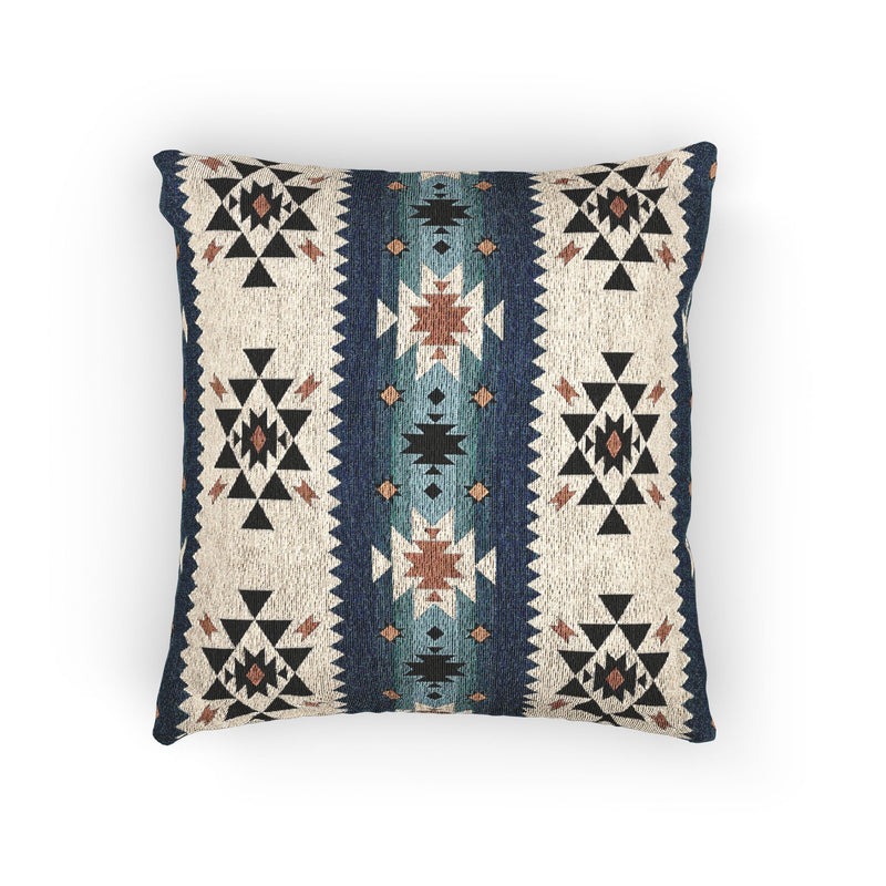 Southwestern woven pillow in navy and teal with Aztec diamond motifs, front view