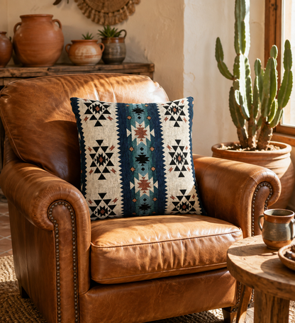 Southwestern woven pillow in navy and teal with Aztec diamond motifs