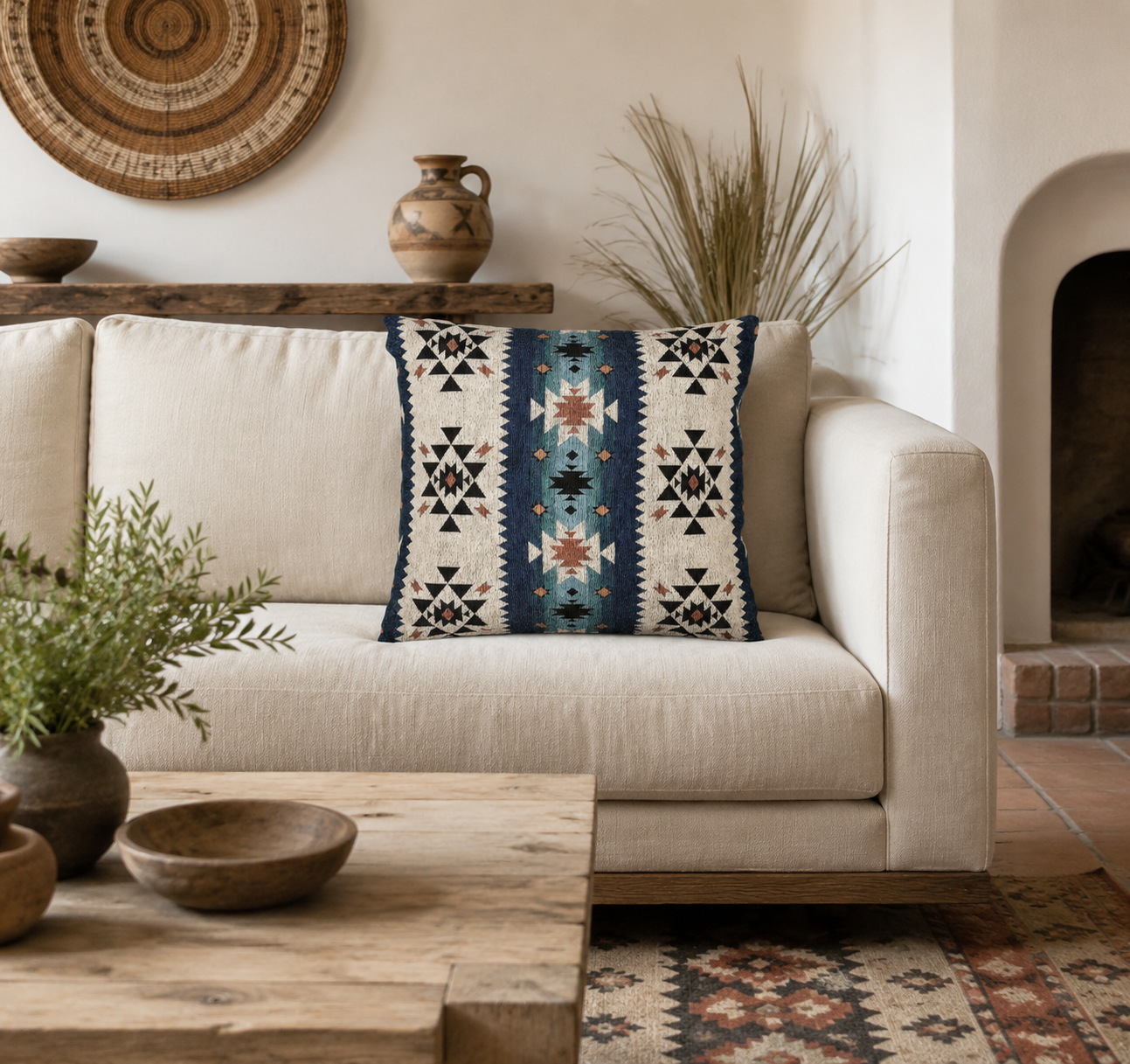Navy and teal Southwestern woven pillow with Aztec patterning, styled on a sofa