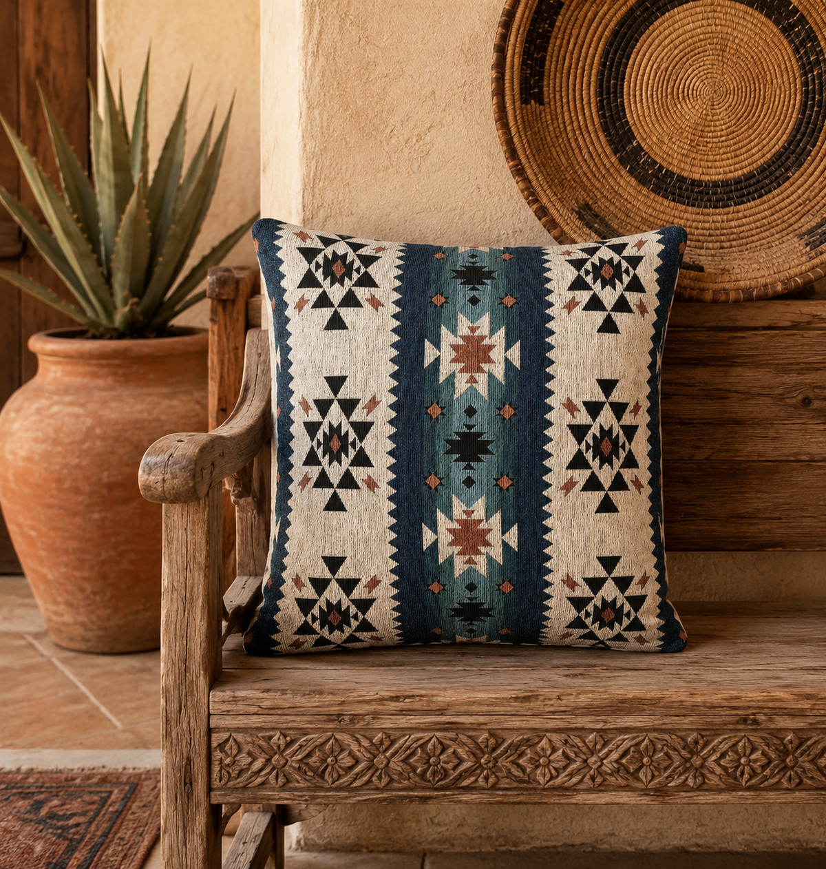 Navy and teal Southwestern woven cushion with geometric Aztec bands