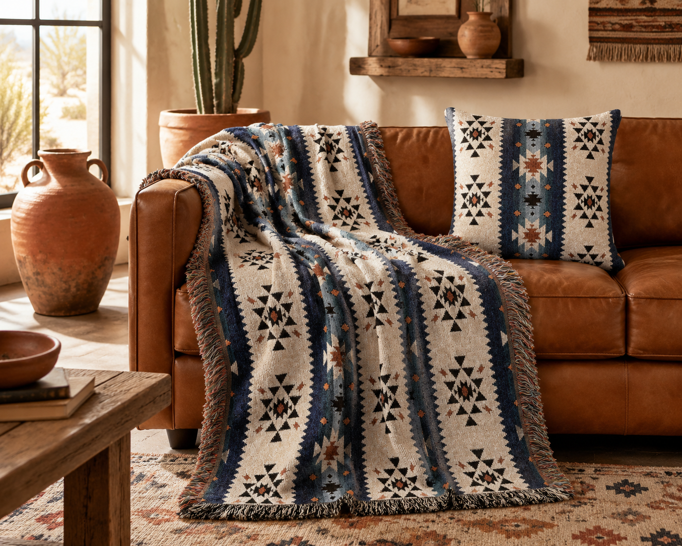 Southwestern Aztec woven pillow in navy and teal on a neutral interior setting