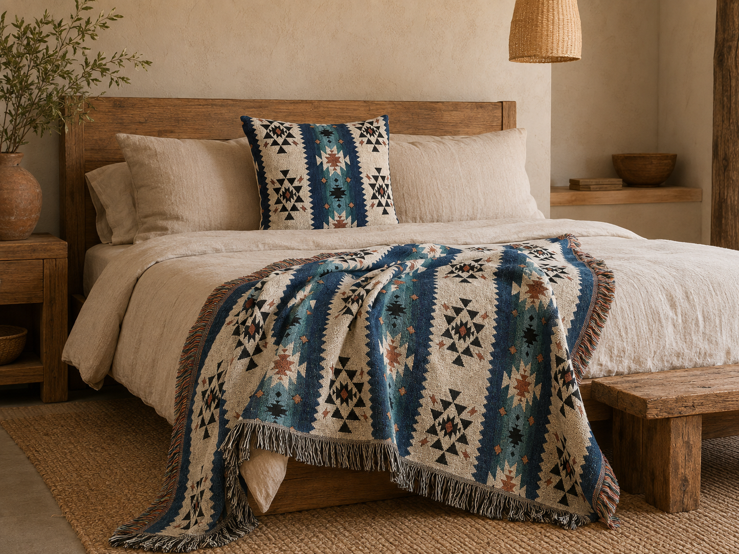 Southwestern woven pillow in navy and teal styled in a boho interior