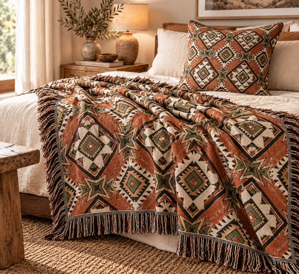 Star Medallion Aztec woven blanket styled on a bed with a matching pillow