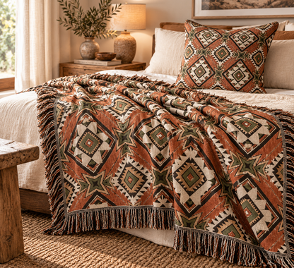 Star Medallion Aztec woven blanket styled on a bed with a matching pillow