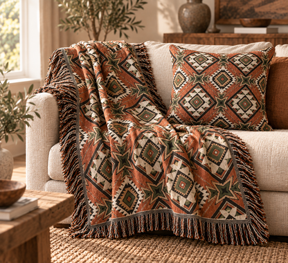 Star Medallion Aztec woven blanket and matching pillow styled together on a couch by a window