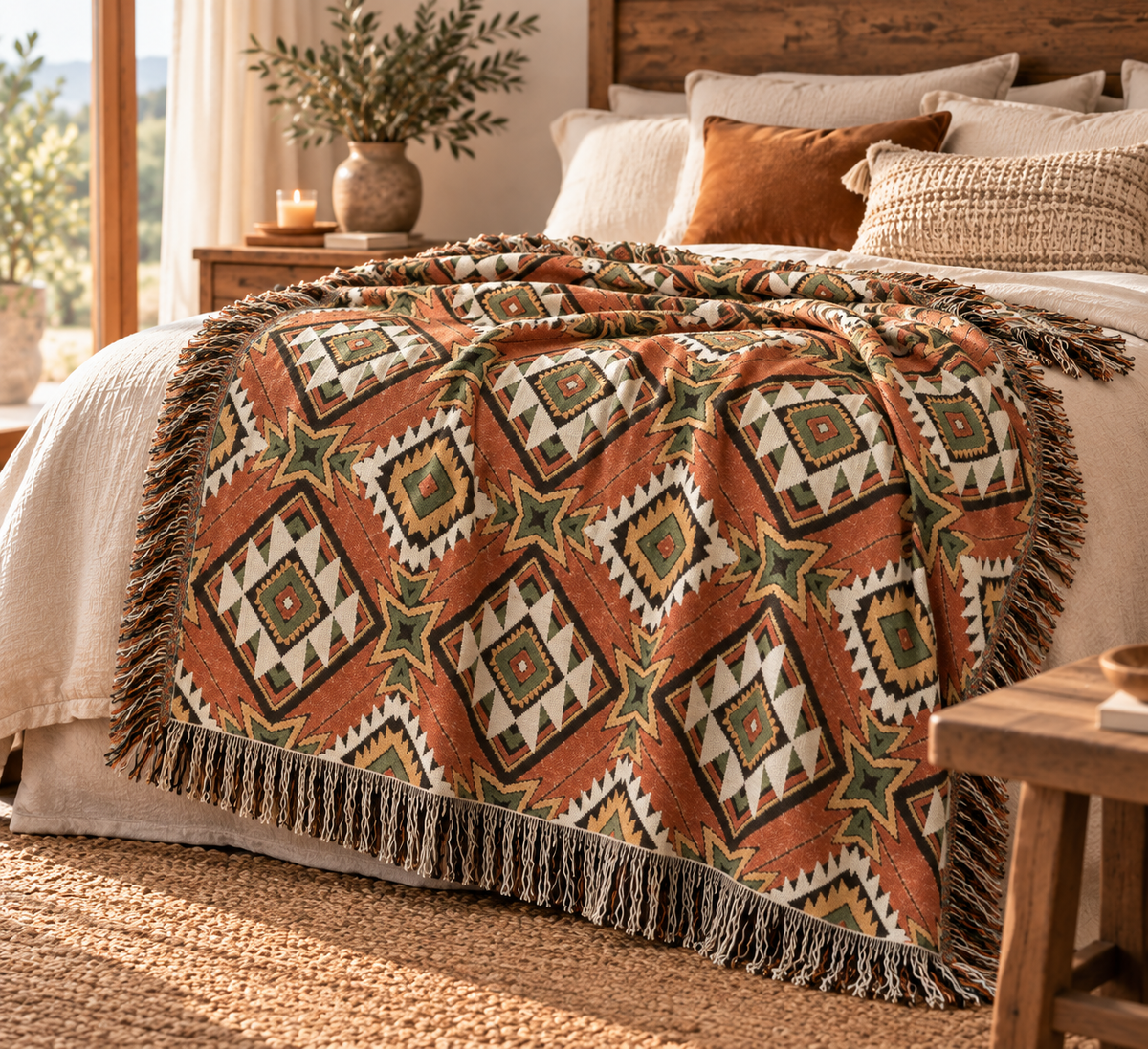 Star Medallion Aztec woven blanket draped over an armchair, styled for a cozy setting
