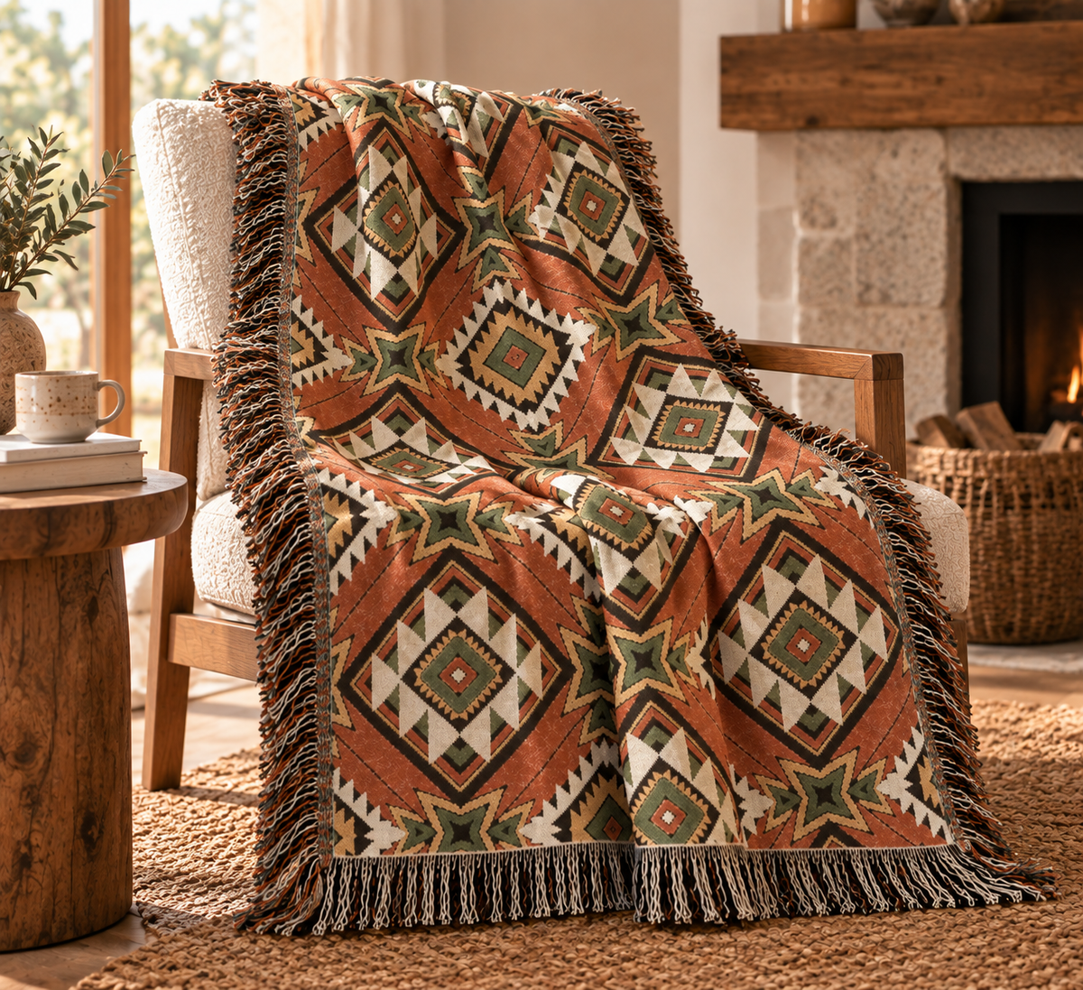 Star Medallion Aztec woven blanket draped over an armchair in a cozy room