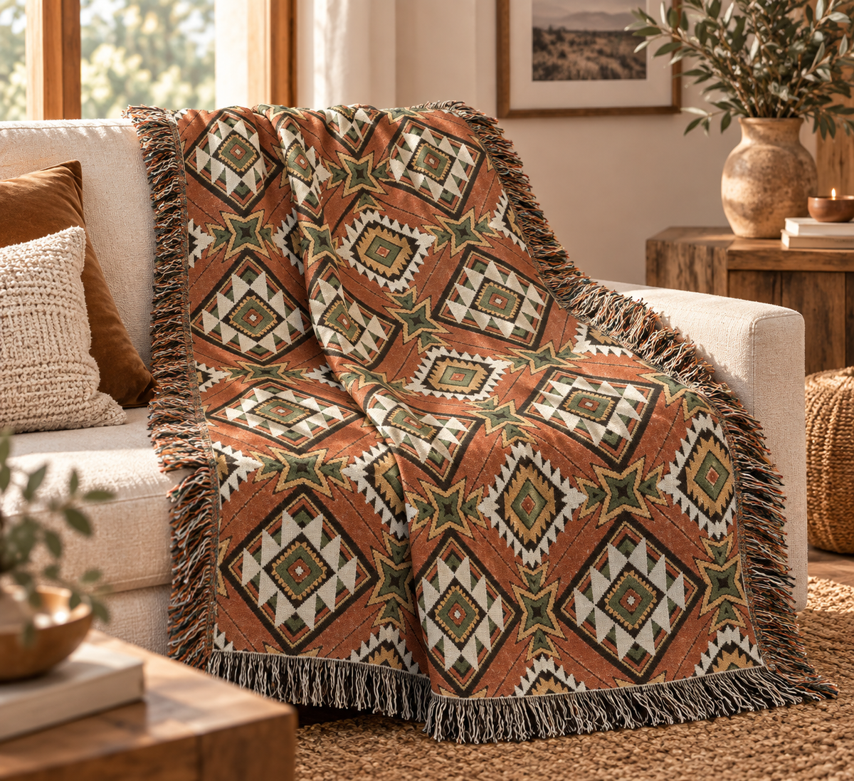 Star Medallion Aztec woven blanket draped over a couch