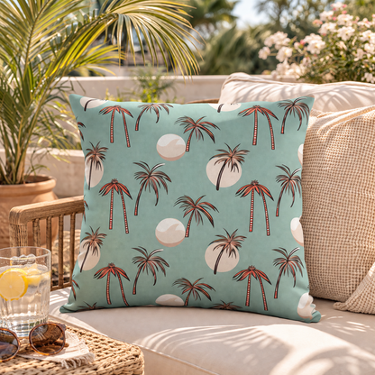 Palm print outdoor pillow on a cream garden sofa with a woven basket and plants