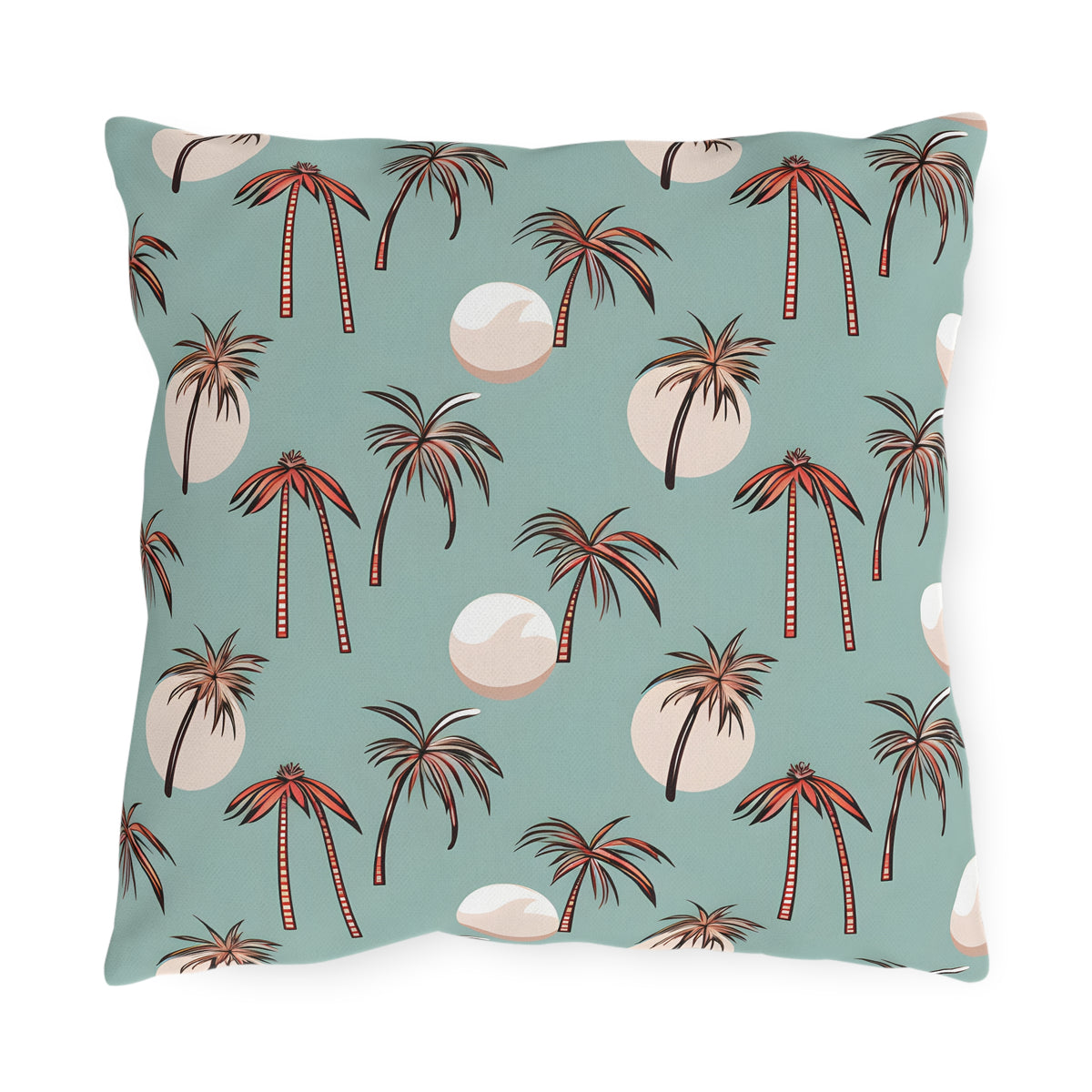 Summer Palm outdoor pillow in seafoam green with coral palm trees, front view