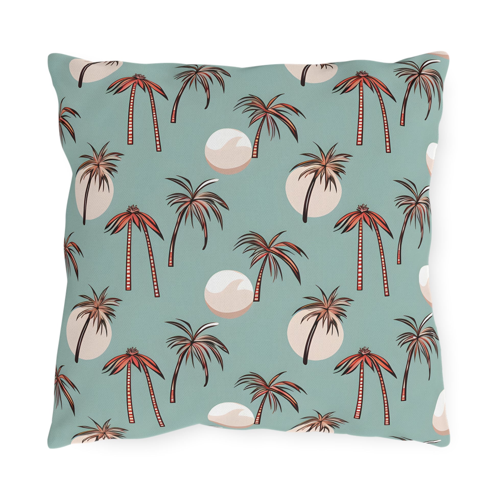 Summer Palm outdoor pillow in seafoam green with coral palm trees, front view