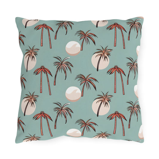 Summer Palm outdoor pillow in seafoam green with coral palm trees, front view
