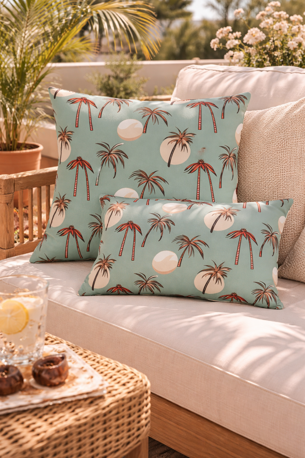 Two Summer Palm outdoor cushions on a rattan patio sofa