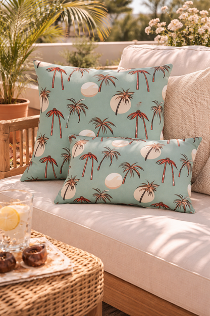 Two Summer Palm outdoor cushions on a rattan patio sofa