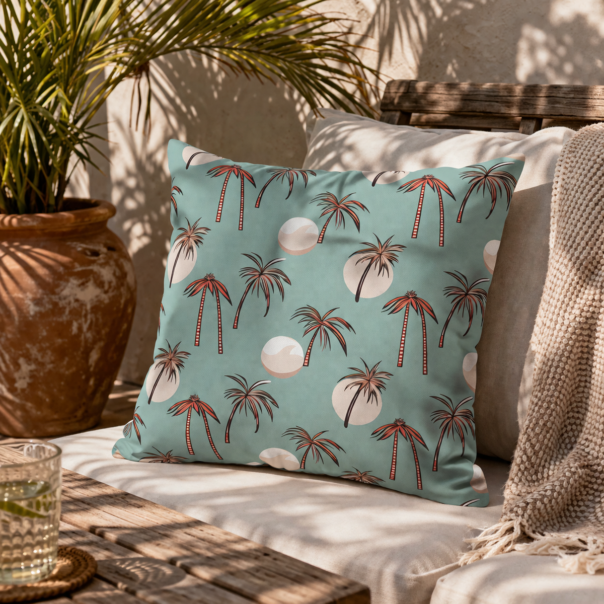 Summer Palm outdoor pillow on a terrace sofa in dappled sunlight