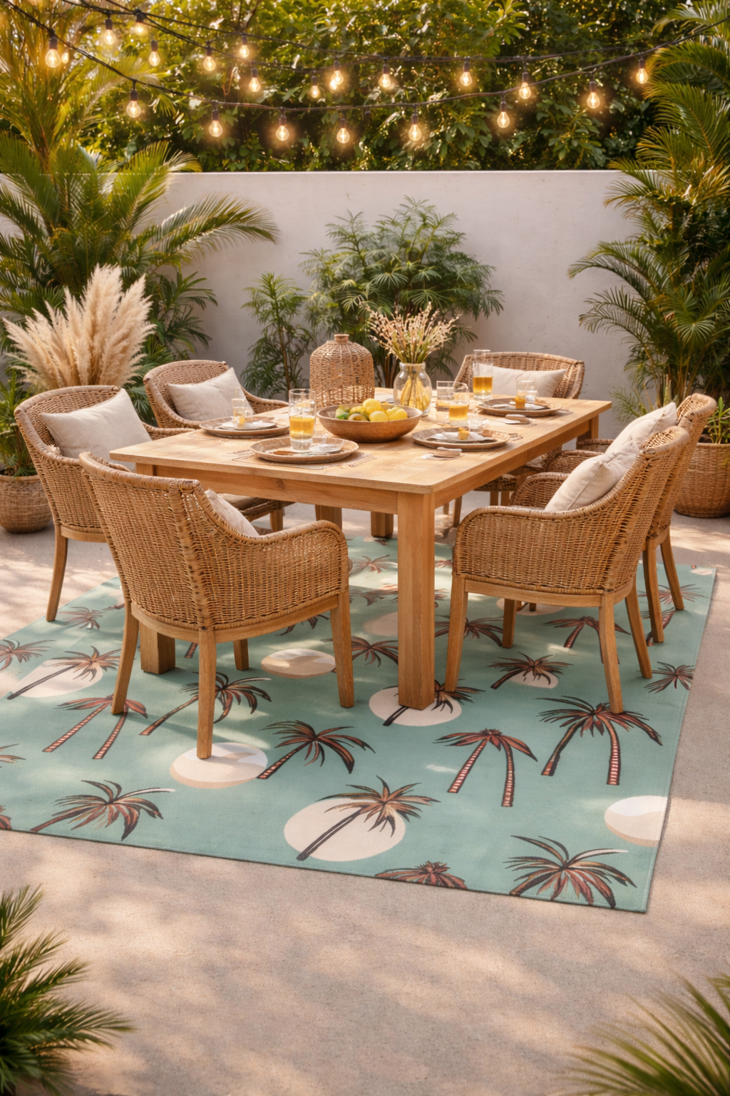 Tropical palm outdoor mat under a garden dining table with string lights above