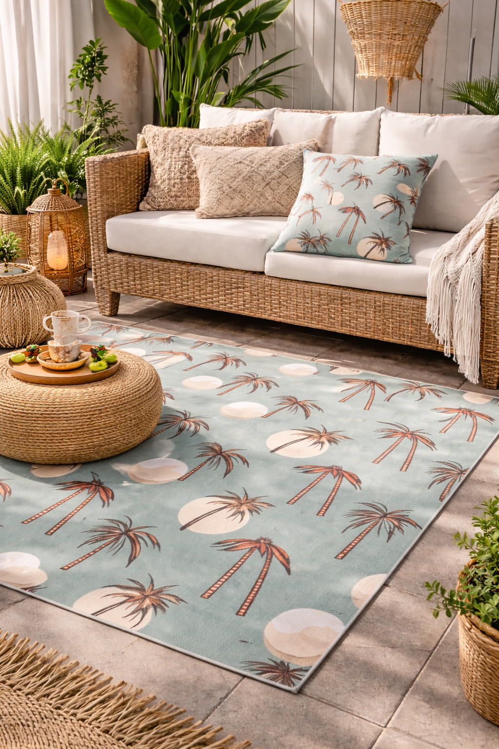 Summer Palm outdoor rug in front of a cream garden sofa with cushions