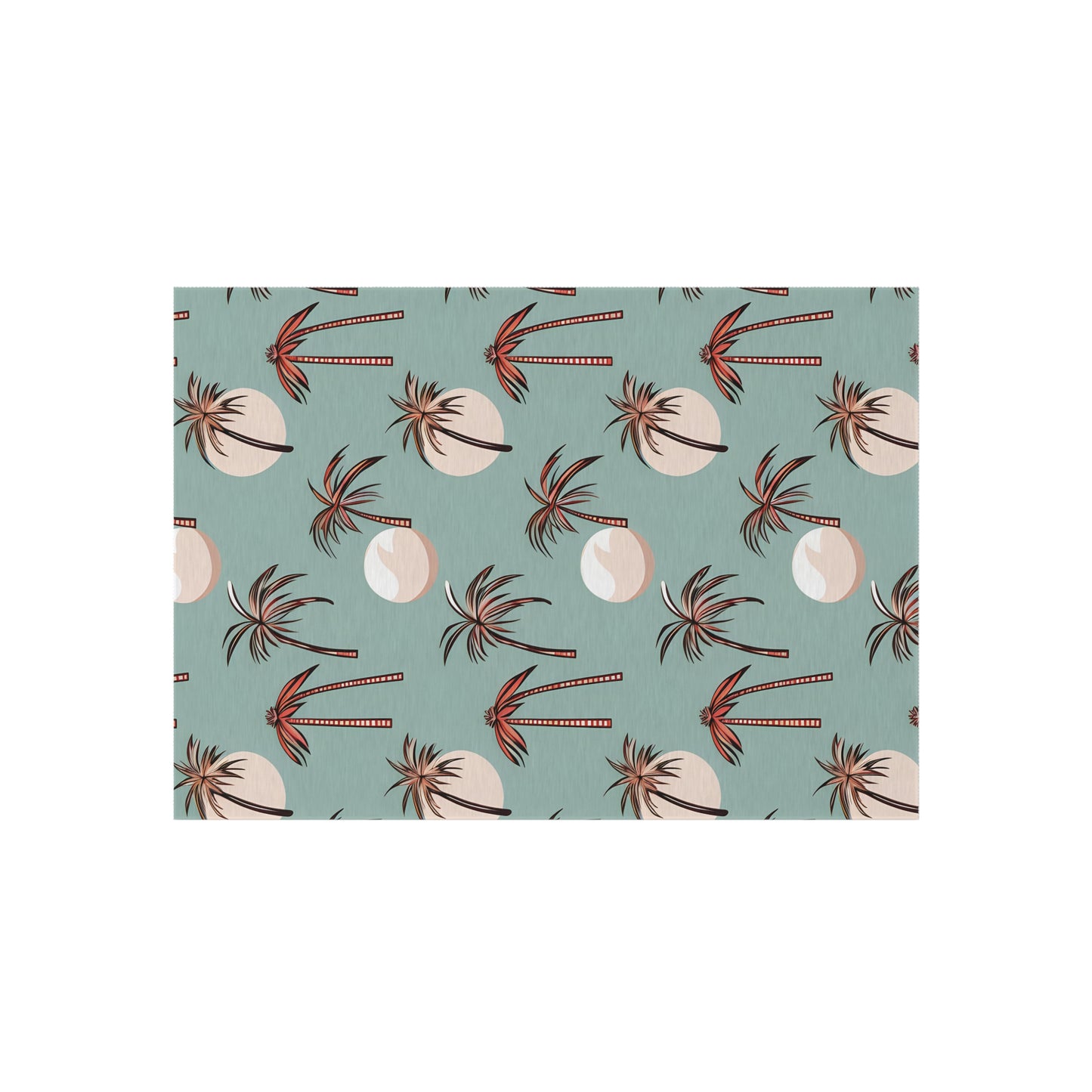 Summer Palm outdoor rug in seafoam green with coral palm trees, shown flat