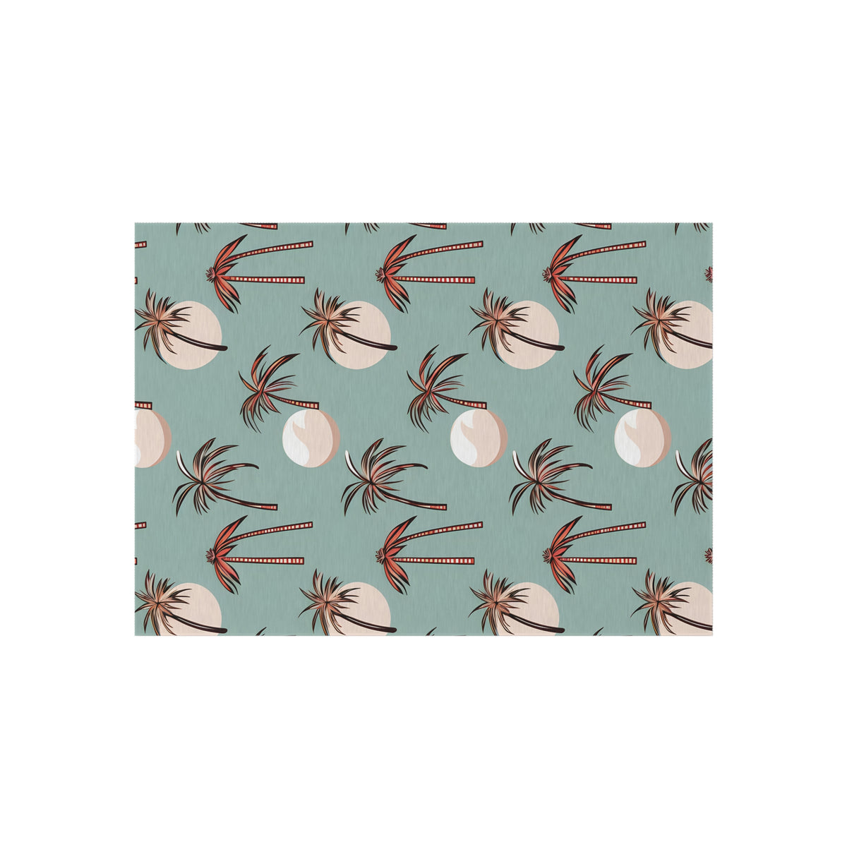 Summer Palm outdoor rug in seafoam green with coral palm trees, shown flat