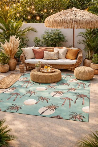 Summer Palm outdoor rug on a patio with a parasol, rattan poufs and a fire pit