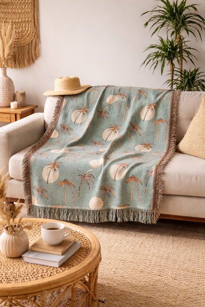 Summer palm woven blanket on a bed