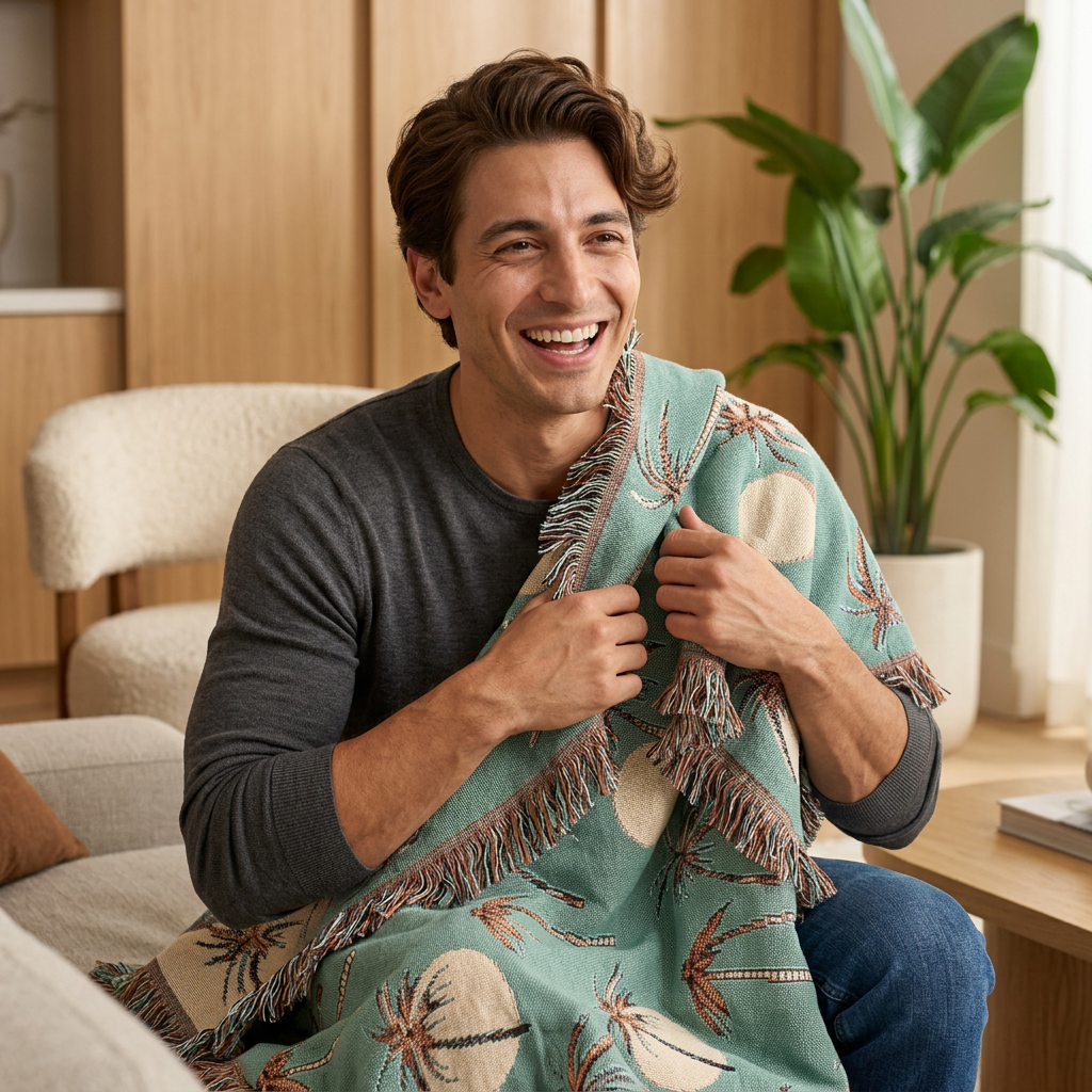Man holding the Summer Palm woven blanket around his shoulders, showing the size and the fringed edge