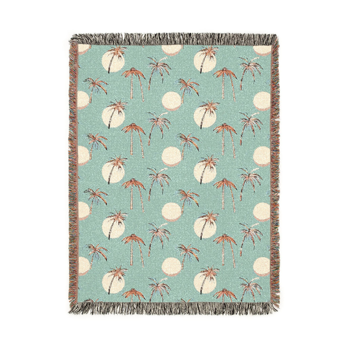 Summer palm woven blanket with tropical palm leaves, shown flat
