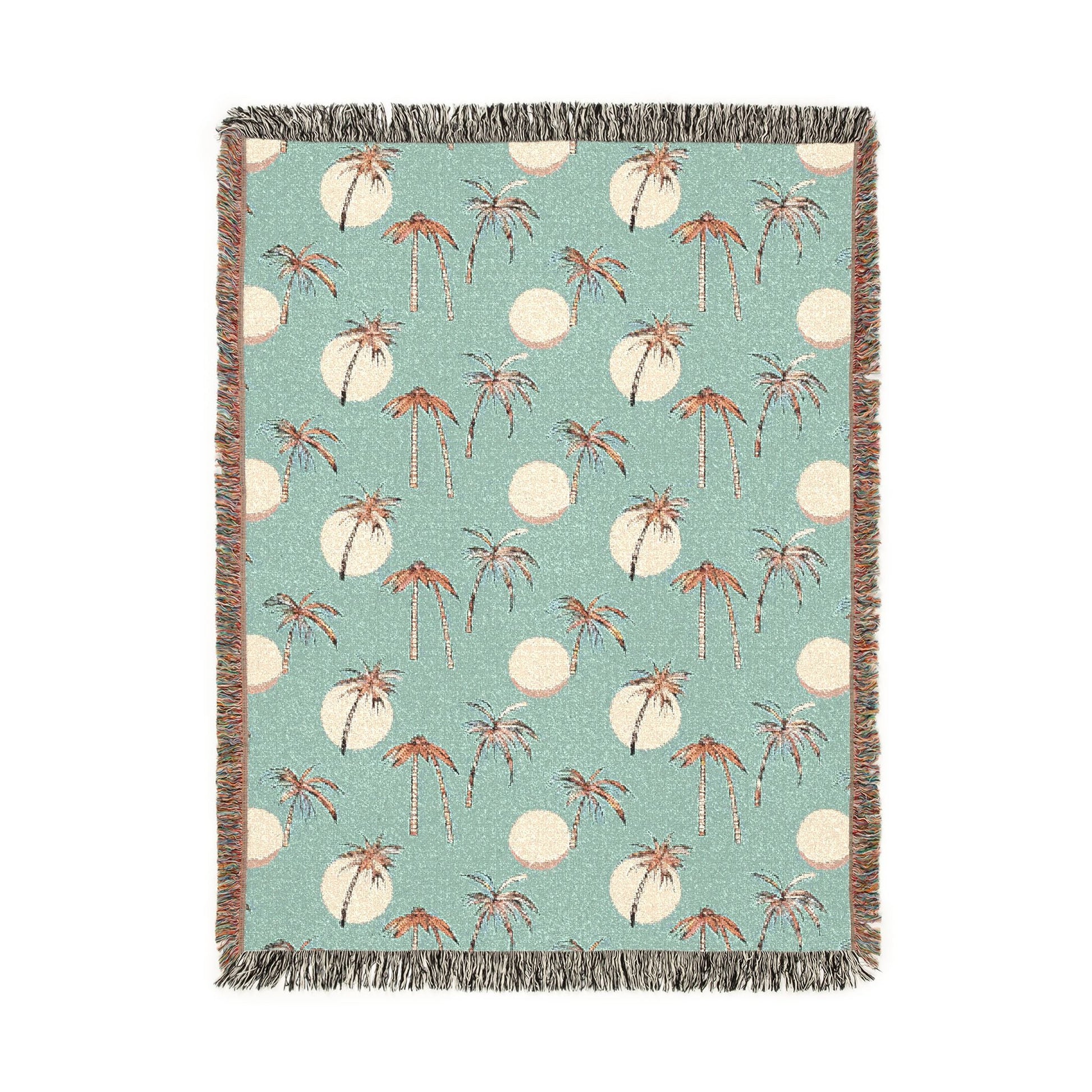 Summer palm woven blanket with tropical palm leaves, shown flat