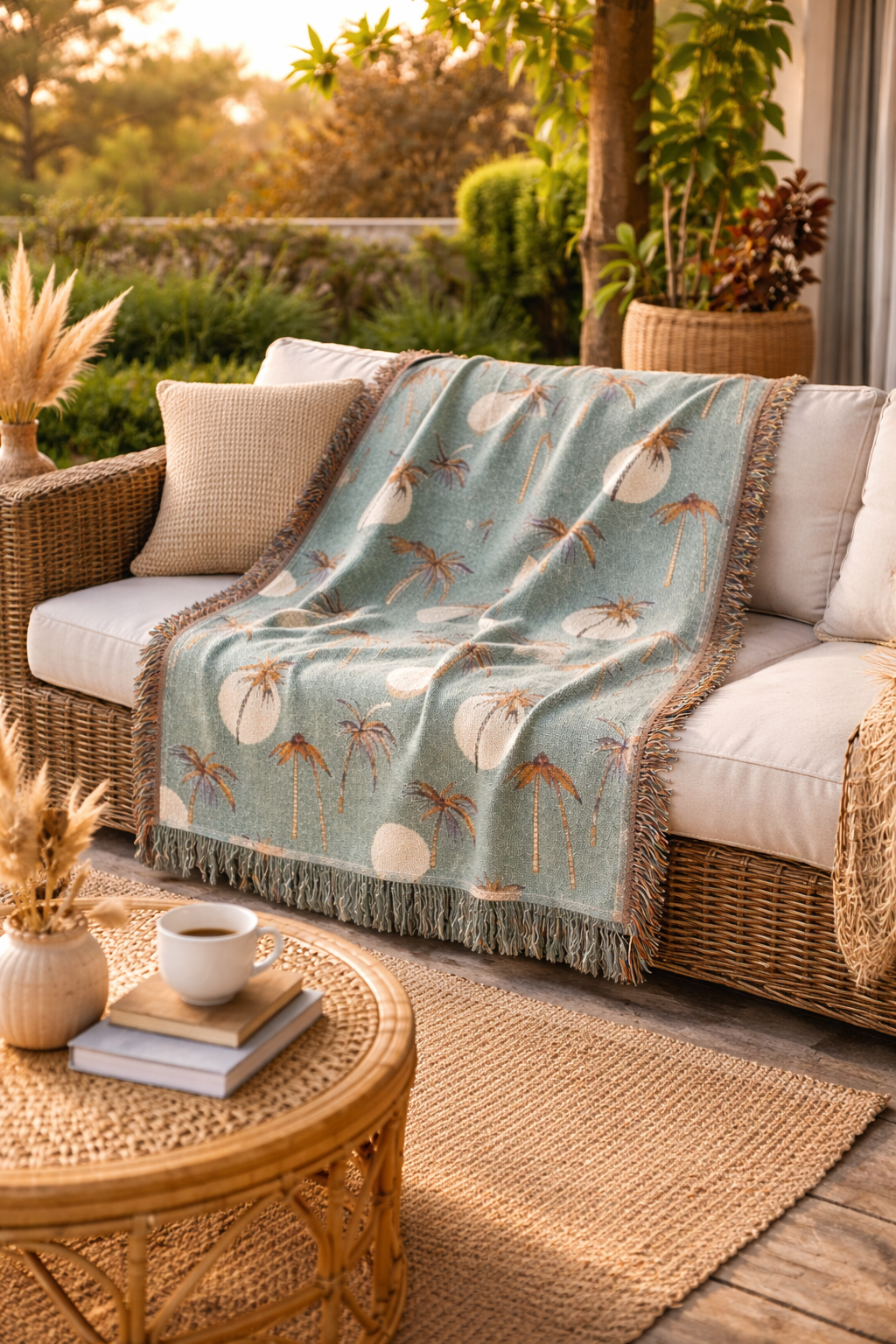 Summer palm woven blanket draped over a sofa