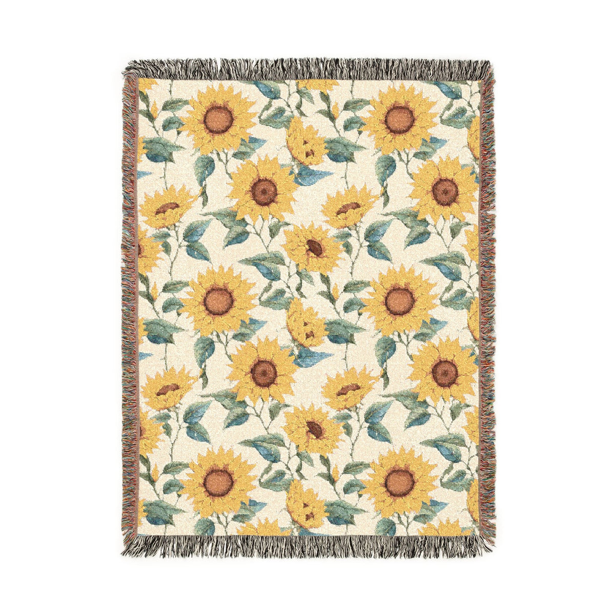 Sunflower woven blanket in cream with yellow sunflowers and green leaves, shown flat