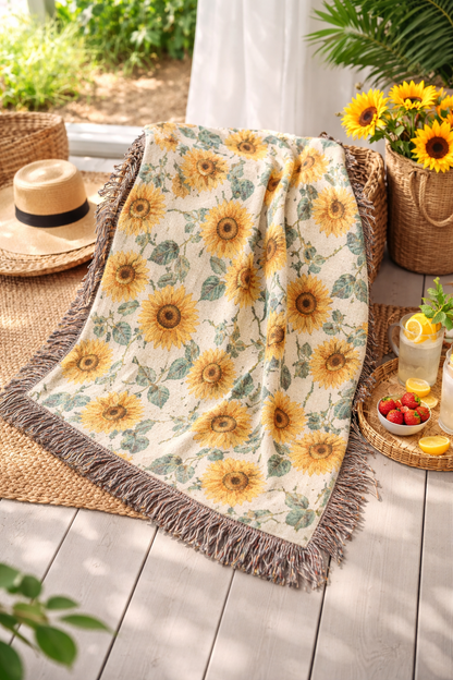 Sunflower woven blanket over an outdoor chair with sunflowers in a vase