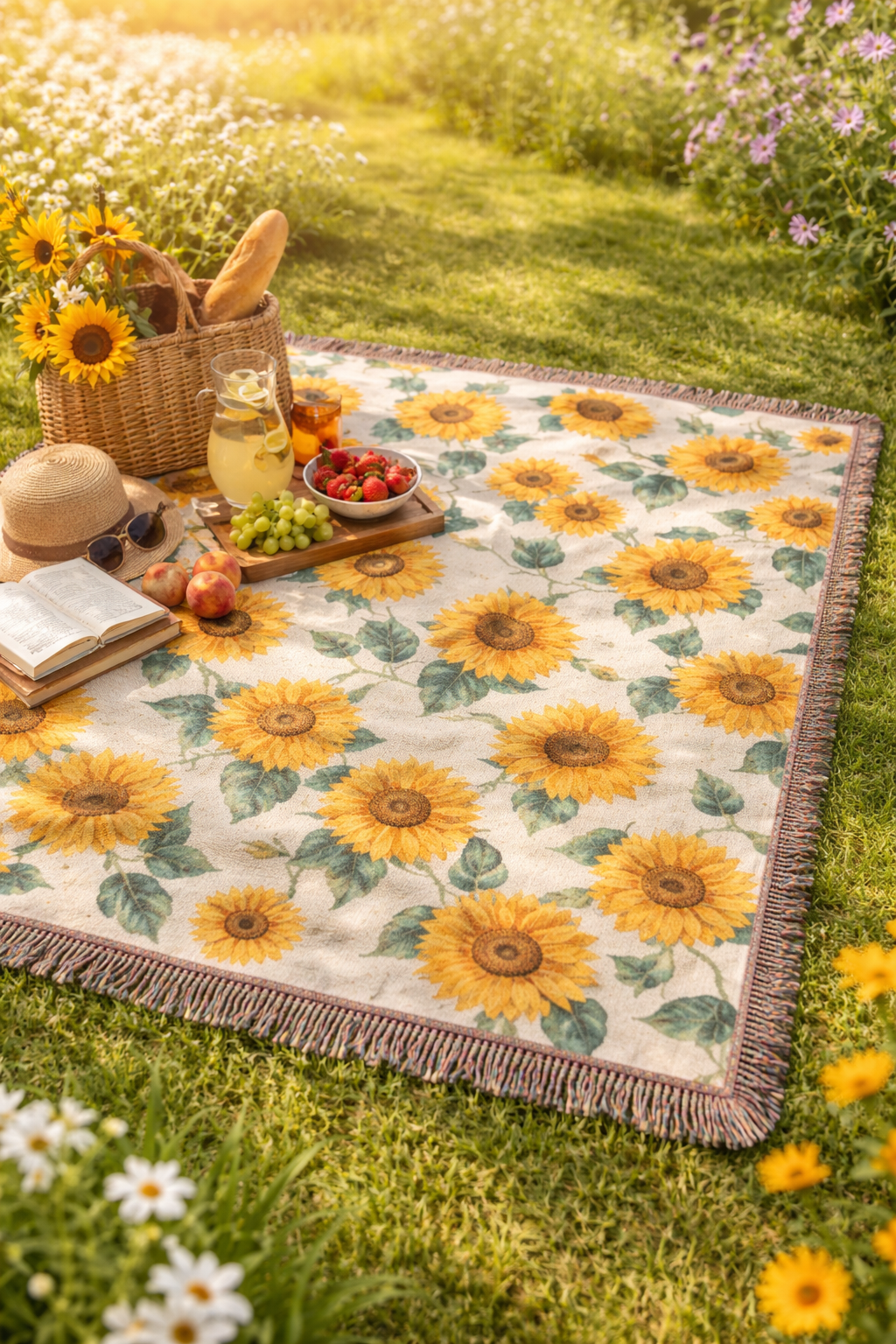 Sunflower woven blanket laid out for a picnic on the grass with fruit and flowers