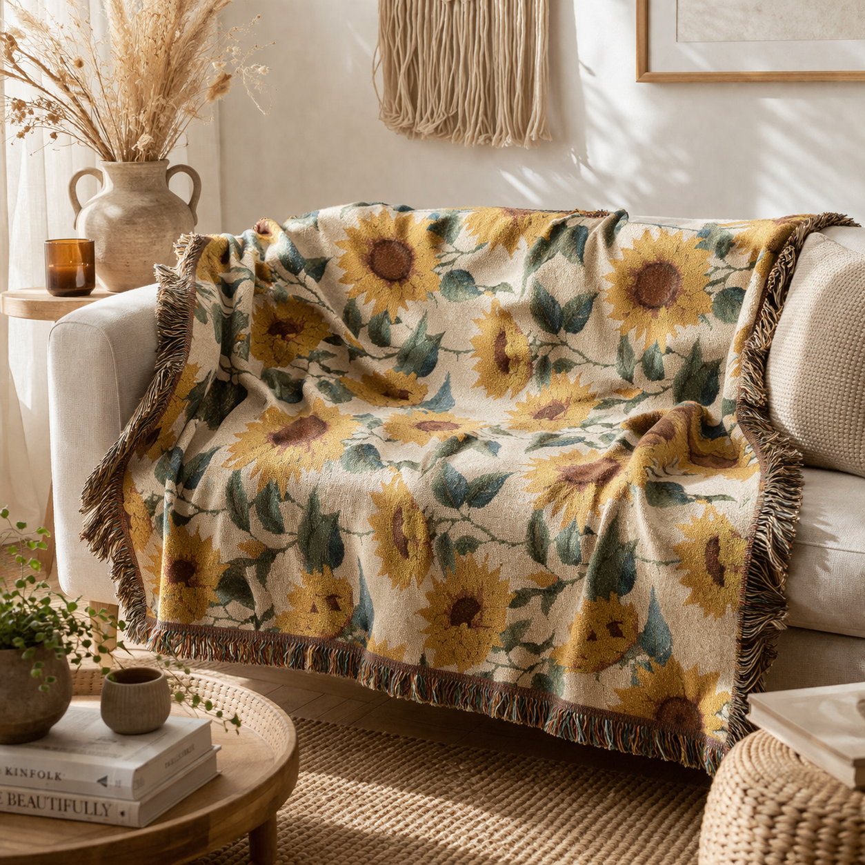 Sunflower woven blanket draped over a sofa with a woven basket and side table