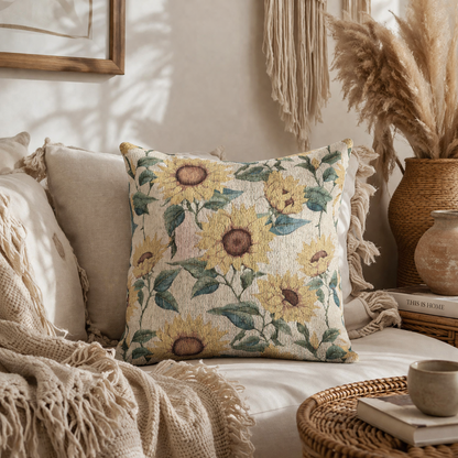 Sunflower woven pillow on a cream sofa with a fringed throw