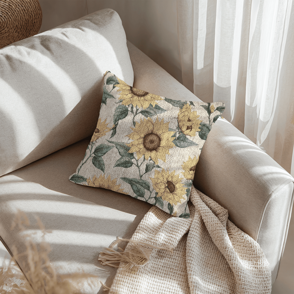 Sunflower woven pillow on a cream sofa in bright daylight