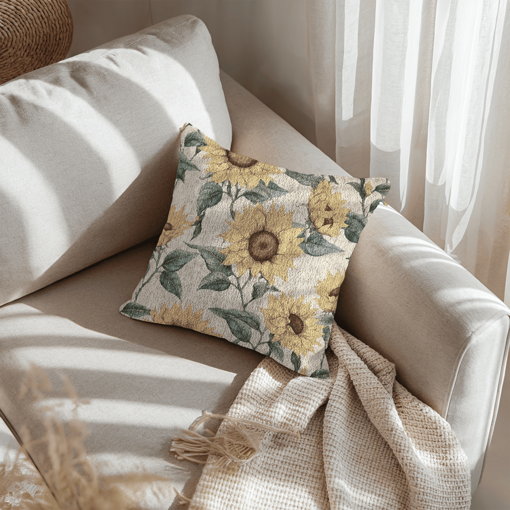 Sunflower woven pillow on a cream sofa in bright daylight