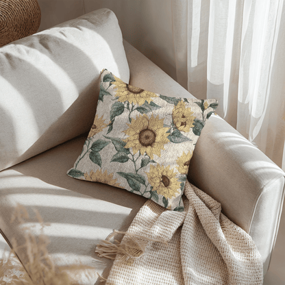 Sunflower woven pillow on a cream sofa in bright daylight
