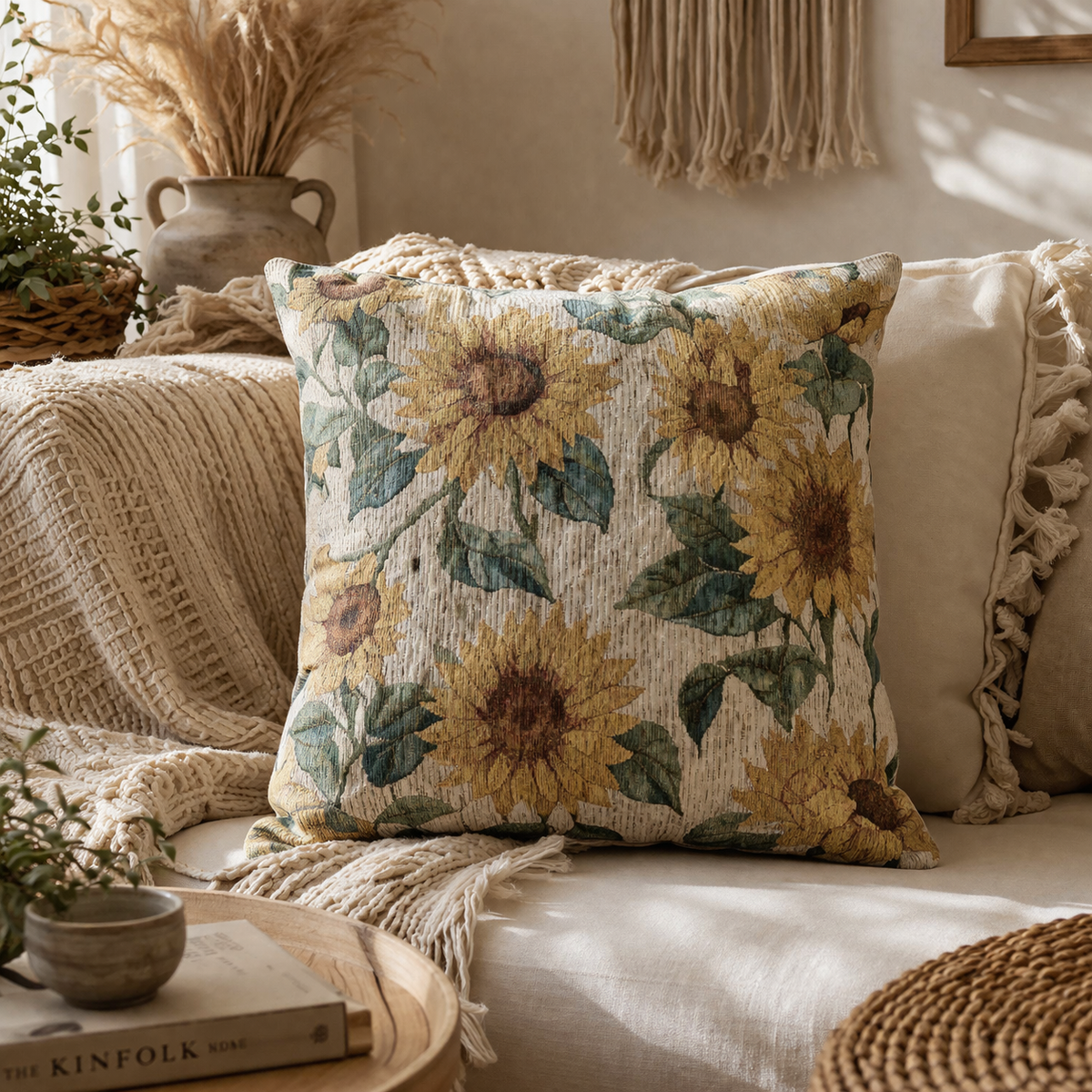 Two Sunflower woven pillows on a cream sofa with pampas grass and a macrame wall hanging