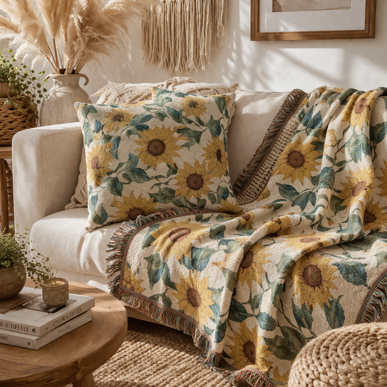 Sunflower woven blanket with the matching Sunflower woven pillows on a cream sofa